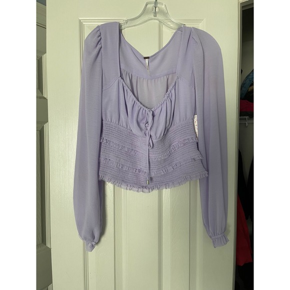 Free People Sm Purple Lolita Smocked Square Neck‎ Puff Sleeve Peasant Blouse Top - Picture 4 of 9